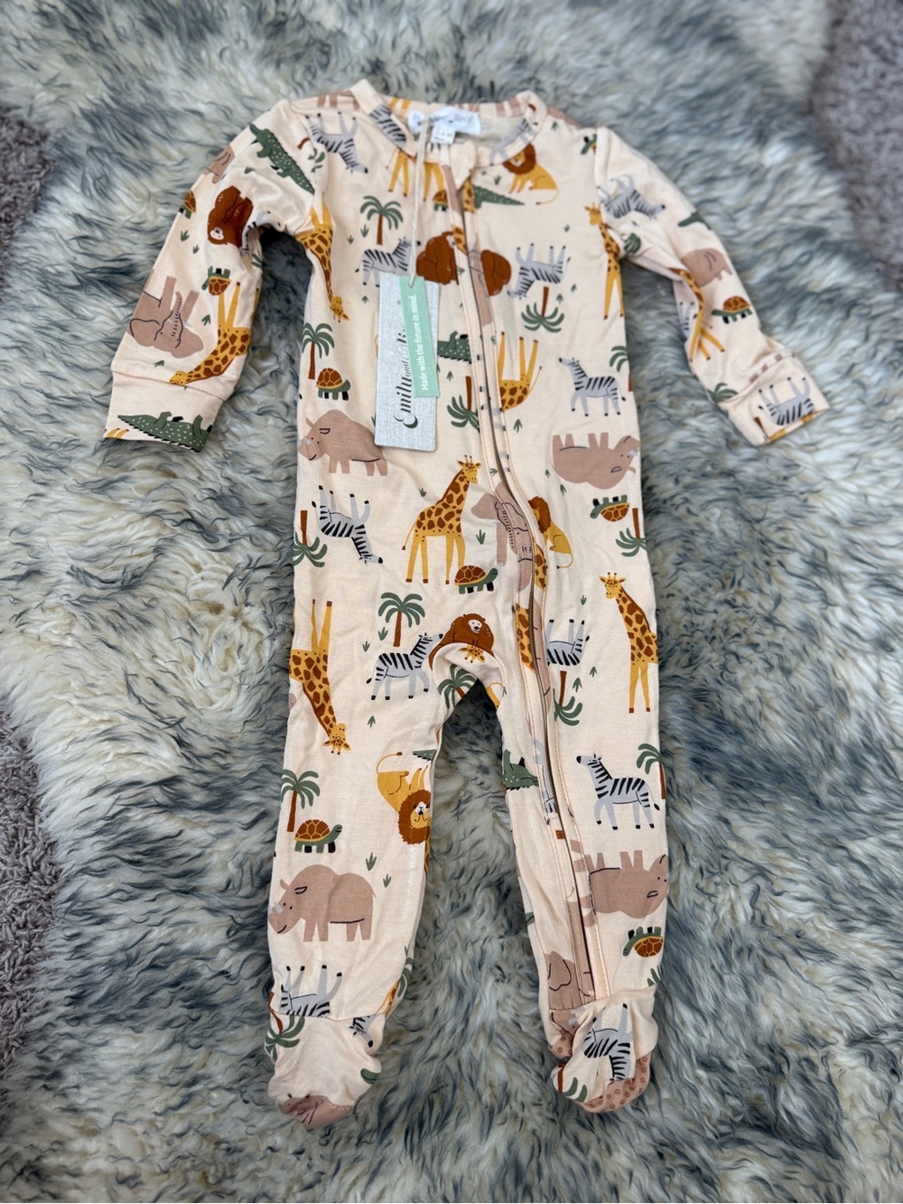 Emily and Oliver Bamboo Neutral Safari Animal Print Footed Pajamas